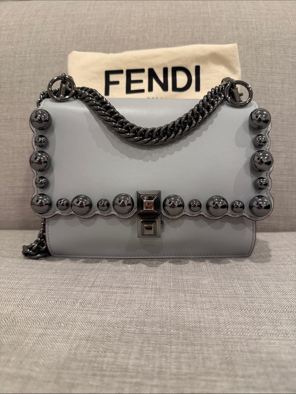Fendi Pearl Grey Leather Handbag with Ruthenium Hardware Scalloped Edge